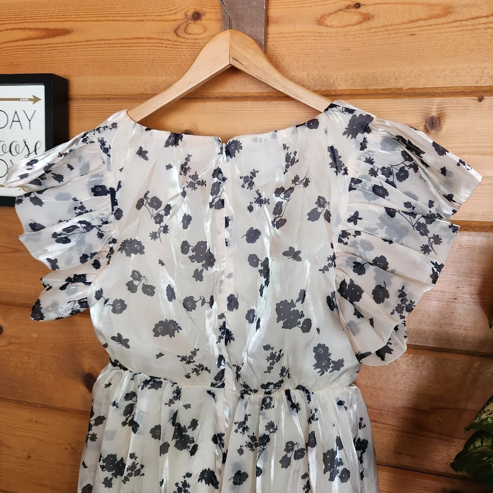 Aureum NWT Floral Organza Puff Pleated Ruffle Sleeves Stretch Chiffon Dress Sz M